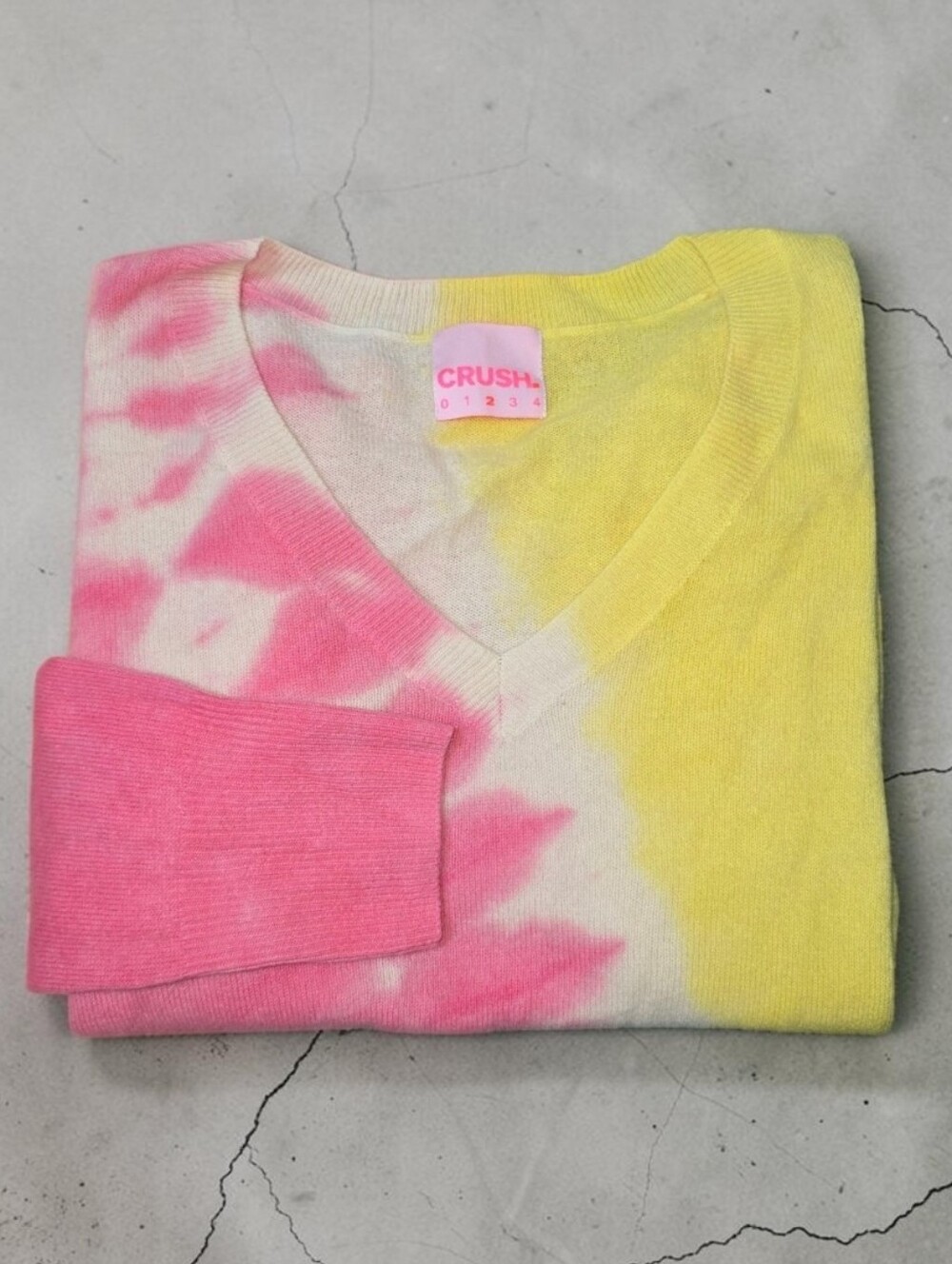 Crush Cashmere Malibu Oversized Cropped Sleeve Lightweight Pink Yellow Sweater